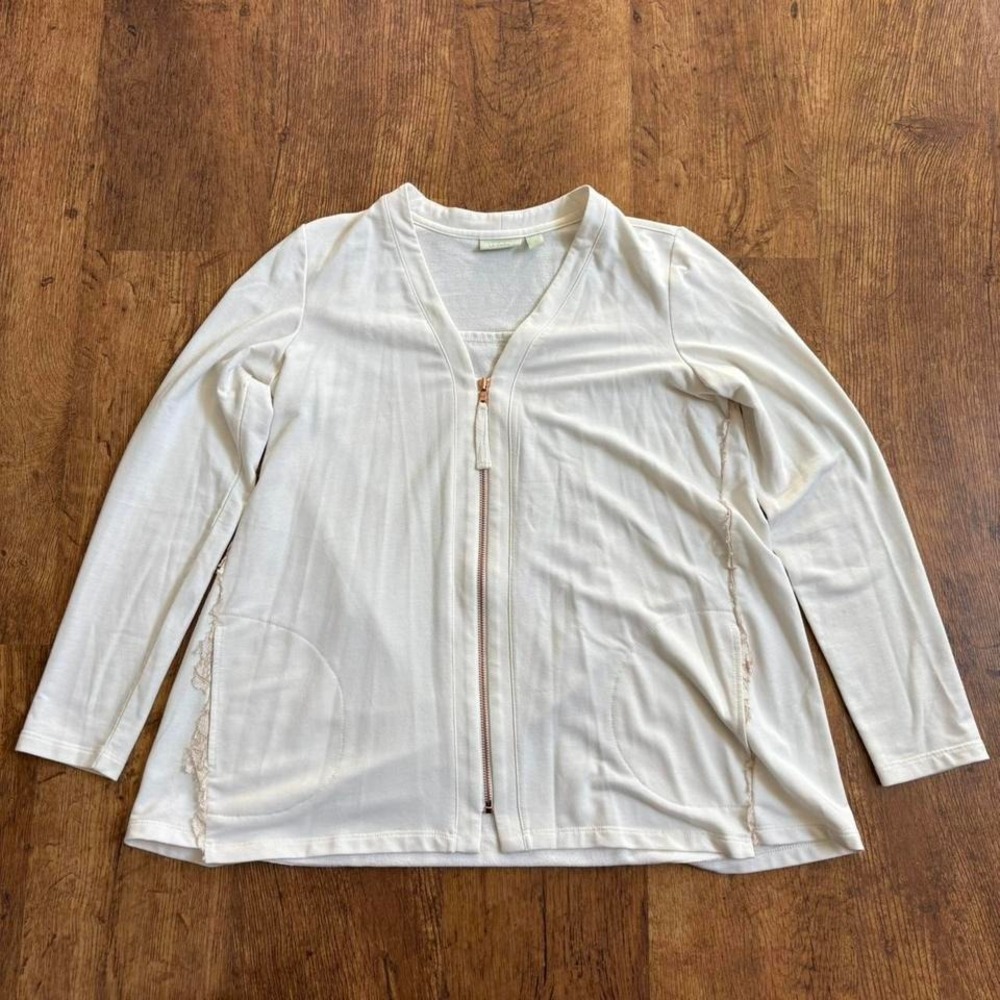 LOGO Lounge Lori Goldstein Cream Lace Trim Zip Front Cardigan French Terry Top